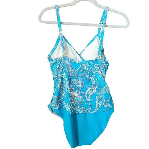 Lauren Ralph Lauren One-Piece Swimsuit 10 Bandana Paisley Aqua Blue Ruched V Nec - Picture 3 of 11